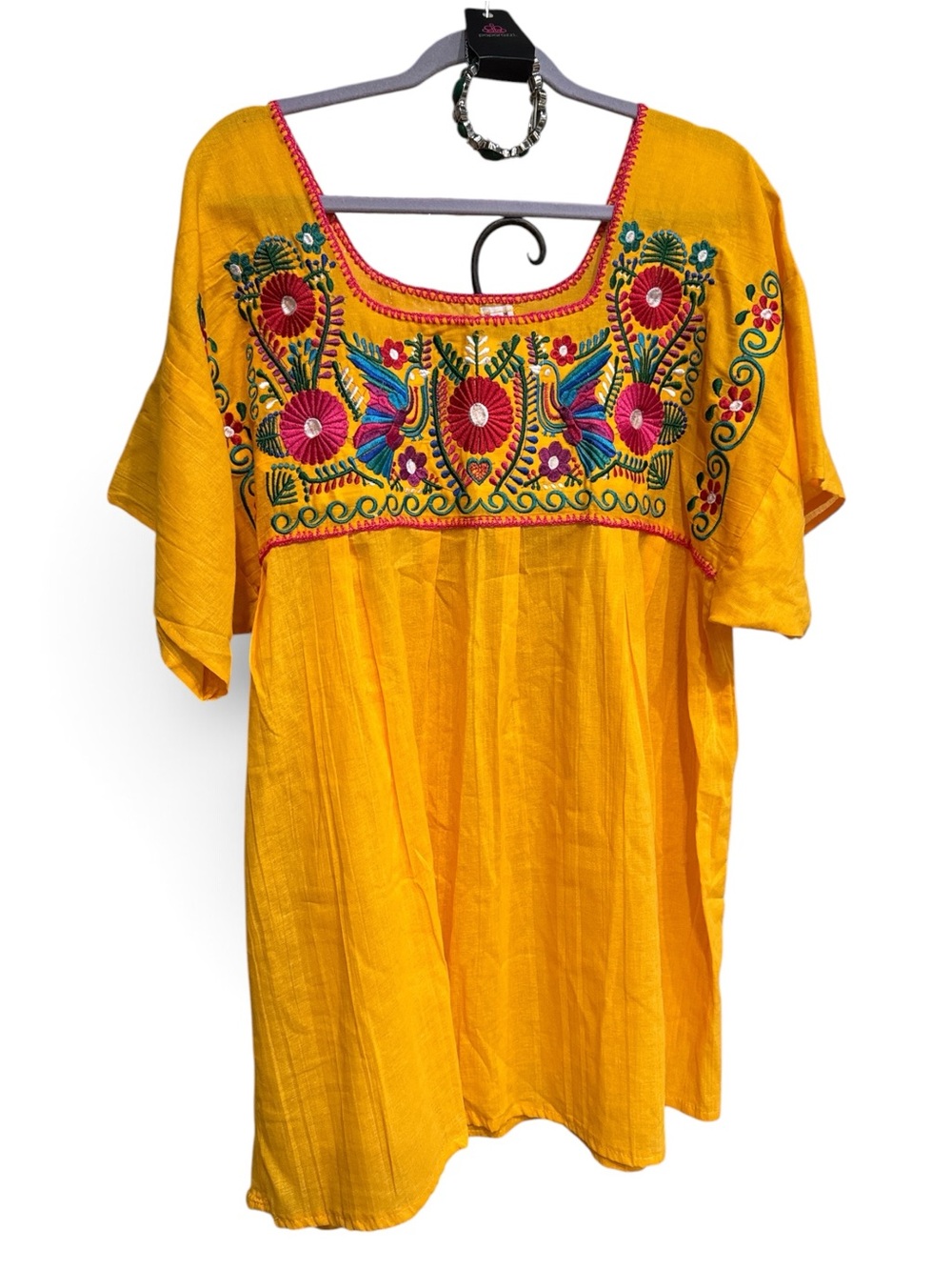 NWOT Embroidered Yellow Women’s Peasant Top or mini Dress SZ XL pit2pit22” L32”